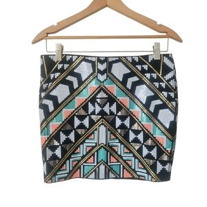 Express Sequin Aztec Tribal Print Bodycon Mini Skirt, Boho Glam Size S